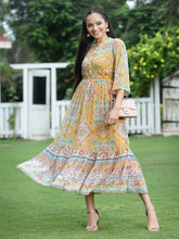 Women's Mustard Chiffon Printed Tiered Dress